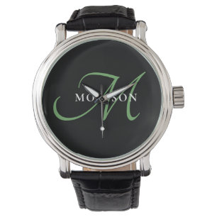 Elegantes, modernes Schwarz-Grün-Script-Monogramm Armbanduhr