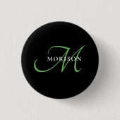 Elegantes, modernes Schwarz-Grün-Script-Monogramm Button (Vorderseite)