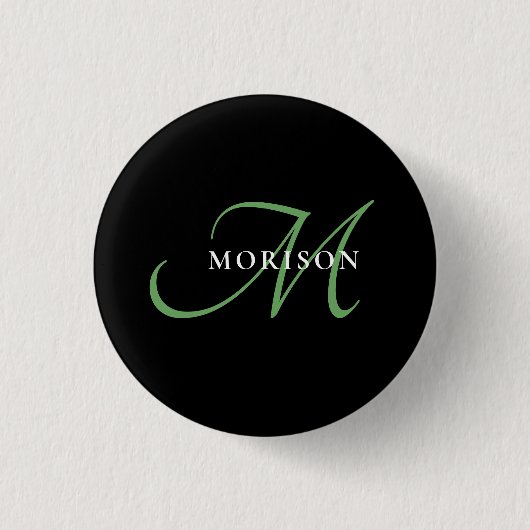 Elegantes, modernes Schwarz-Grün-Script-Monogramm Button (Vorderseite)