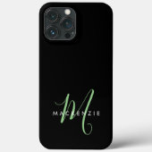 Elegantes, modernes Schwarz-Grün-Script-Monogramm Case-Mate iPhone Hülle (Rückseite)