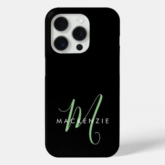 Elegantes, modernes Schwarz-Grün-Script-Monogramm Case-Mate iPhone Hülle (Rückseite)