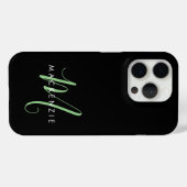 Elegantes, modernes Schwarz-Grün-Script-Monogramm Case-Mate iPhone Hülle (Rückseite (Horizontal))