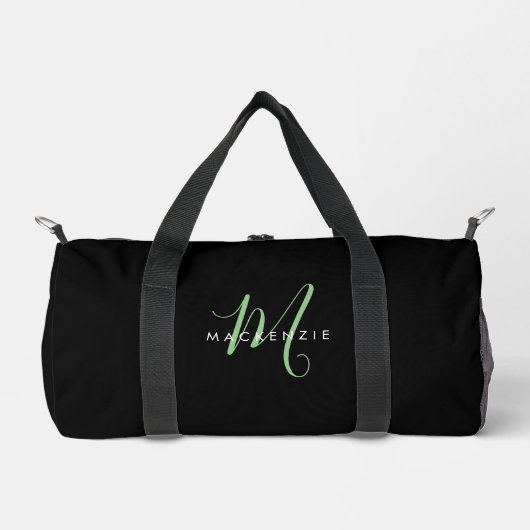 Elegantes, modernes Schwarz-Grün-Script-Monogramm Duffle Bag (Vorderseite)