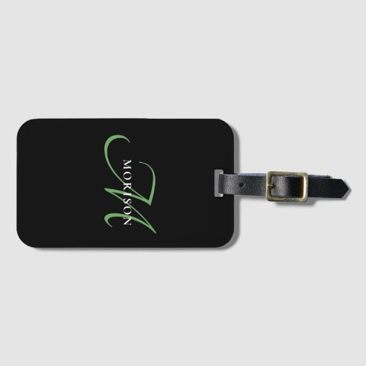 Elegantes, modernes Schwarz-Grün-Script-Monogramm Gepäckanhänger (Vorderseite (Horizontal))