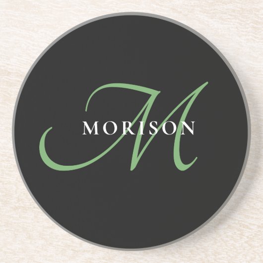 Elegantes, modernes Schwarz-Grün-Script-Monogramm Getränkeuntersetzer (Vorne)