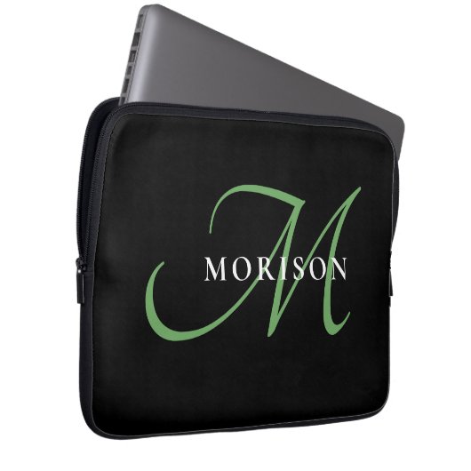 Elegantes, modernes Schwarz-Grün-Script-Monogramm Laptopschutzhülle (Vorne Rechts)