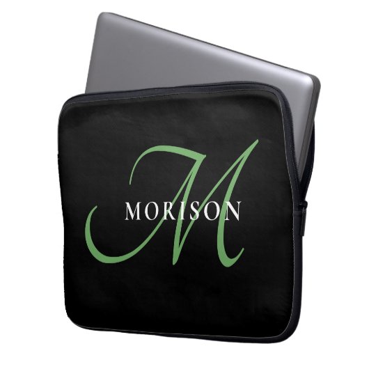 Elegantes, modernes Schwarz-Grün-Script-Monogramm Laptopschutzhülle (Vorderseite Links)