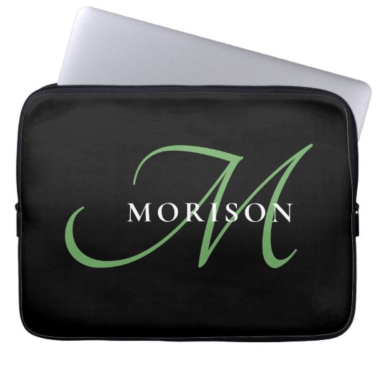 Elegantes, modernes Schwarz-Grün-Script-Monogramm Laptopschutzhülle (Vorderseite)