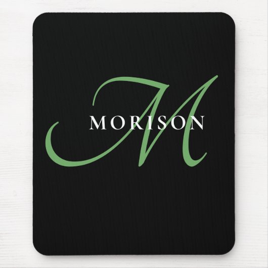 Elegantes, modernes Schwarz-Grün-Script-Monogramm Mousepad (Vorne)
