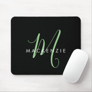 Elegantes, modernes Schwarz-Grün-Script-Monogramm Mousepad