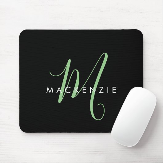 Elegantes, modernes Schwarz-Grün-Script-Monogramm Mousepad (Mit Mouse)