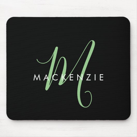 Elegantes, modernes Schwarz-Grün-Script-Monogramm Mousepad (Vorne)
