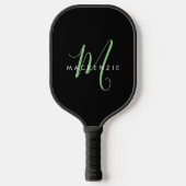 Elegantes, modernes Schwarz-Grün-Script-Monogramm Pickleball Schläger (Vorderseite)