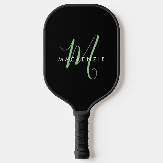 Elegantes, modernes Schwarz-Grün-Script-Monogramm Pickleball Schläger (Vorderseite)