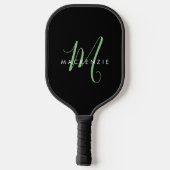Elegantes, modernes Schwarz-Grün-Script-Monogramm Pickleball Schläger (Rückseite)
