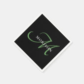 Elegantes, modernes Schwarz-Grün-Script-Monogramm Serviette (Ecke)