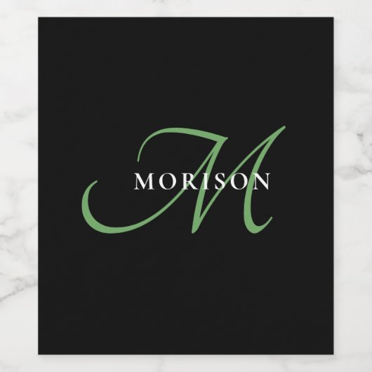 Elegantes, modernes Schwarz-Grün-Script-Monogramm Weinetikett (Einzelnes Label)