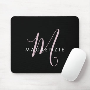 Elegantes, modernes Schwarz-Rosa-Script-Monogramm Mousepad