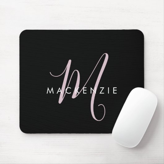 Elegantes, modernes Schwarz-Rosa-Script-Monogramm Mousepad (Mit Mouse)