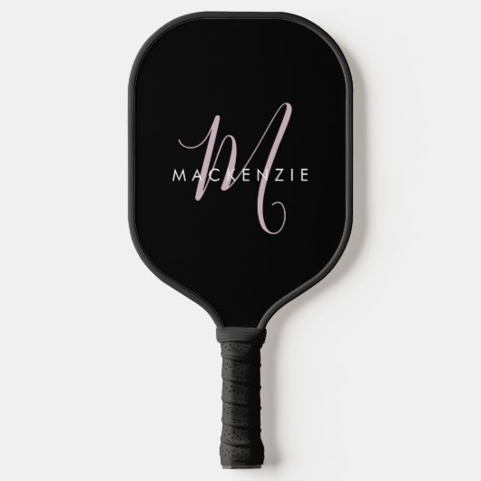 Elegantes, modernes Schwarz-Rosa-Script-Monogramm Pickleball Schläger (Vorderseite)