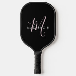 Elegantes, modernes Schwarz-Rosa-Script-Monogramm Pickleball Schläger