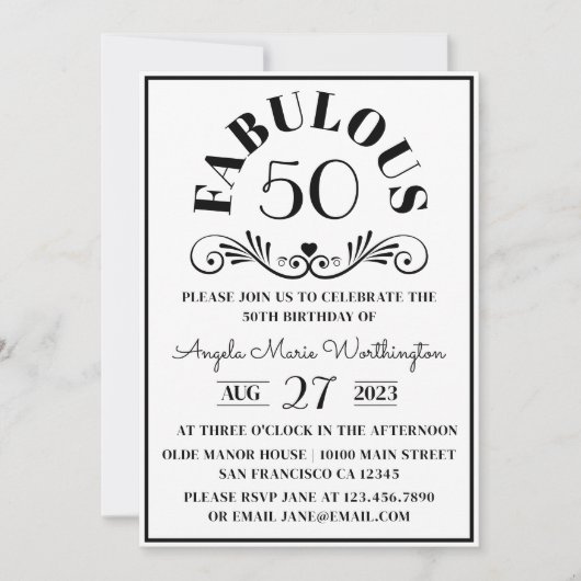 Elegantes modernes, Schwarz-weißes, fabelhaftes 50 Einladung (Vorderseite)