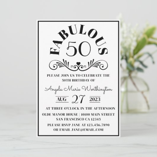 Elegantes modernes, Schwarz-weißes, fabelhaftes 50 Einladung (Stehend Vorderseite)