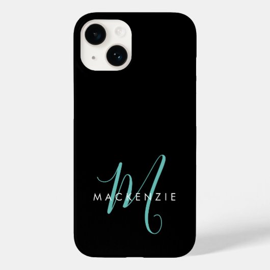 Elegantes, modernes Schwarzes Aquamarines Script M Case-Mate iPhone Hülle (Rückseite)