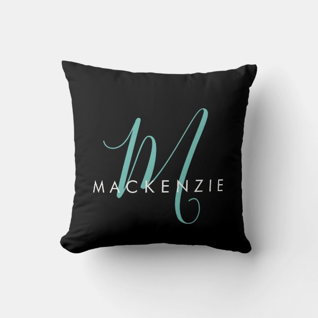Elegantes, modernes Schwarzes Aquamarines Script M Kissen (Vorderseite)