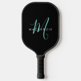 Elegantes, modernes Schwarzes Aquamarines Script M Pickleball Schläger