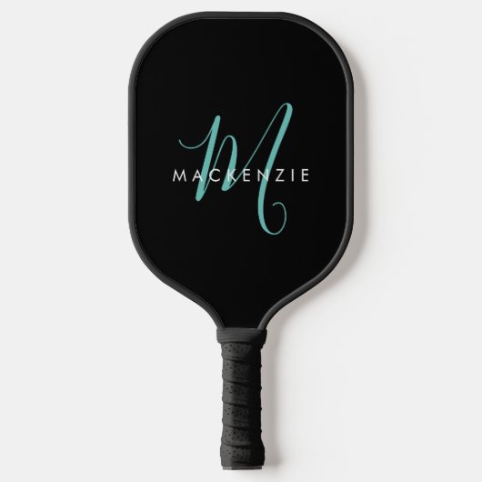 Elegantes, modernes Schwarzes Aquamarines Script M Pickleball Schläger (Vorderseite)