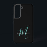 Elegantes, modernes Schwarzes Aquamarines Script M Samsung Galaxy Hülle<br><div class="desc">Elegante moderne Aquamarine Script Monogram Phone Case. Ein elegantes aquamarines Skriptmonogramm kombiniert mit einem sauberen Schriftart aus weißer Schrift verleiht dem Ganzen einen zeitgemäßen Look.</div>