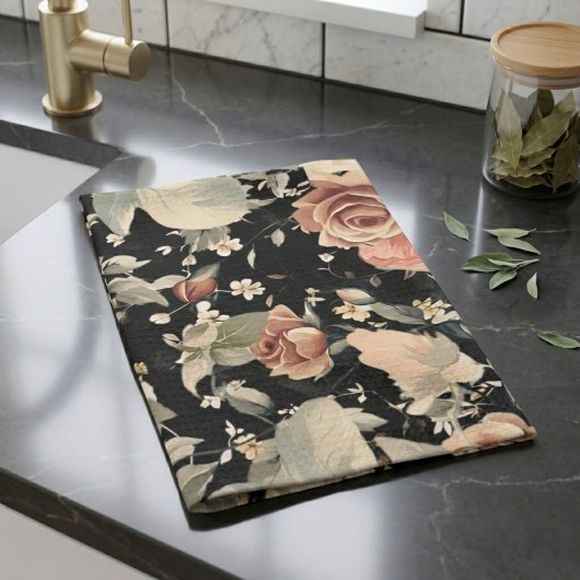 Elegantes, modernes Schwarzes Blumenmuster Geschirrtuch