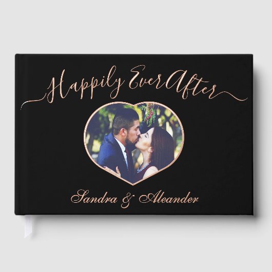 Elegantes, modernes Schwarzes Foto Herz Custom Wed Gästebuch (Vorderseite)