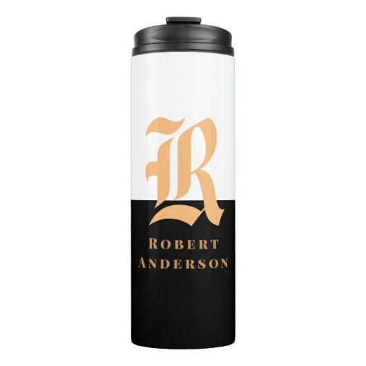 Elegantes, modernes Schwarzes Gold Mit Monogramm Thermosbecher (Vorderseite)