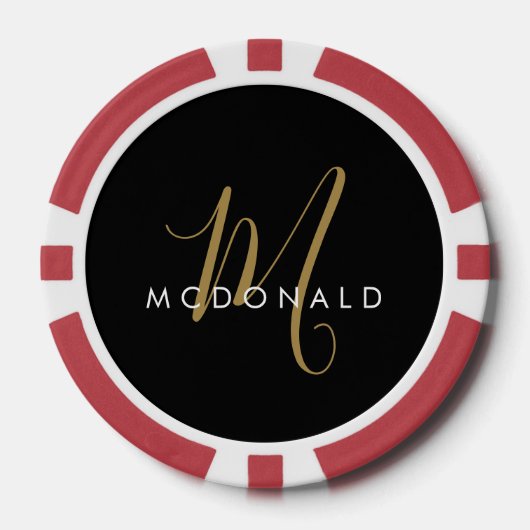 Elegantes modernes schwarzes goldenes Schriftmonog Pokerchips (Vorderseite)