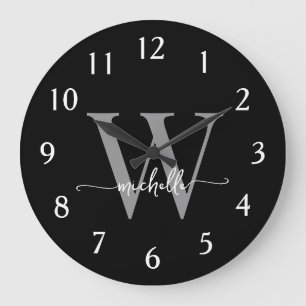Elegantes modernes schwarzes graues Monogramm Name Große Wanduhr