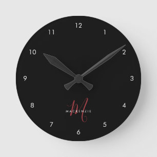 Elegantes modernes schwarzes rotes Skript-Monogram Runde Wanduhr