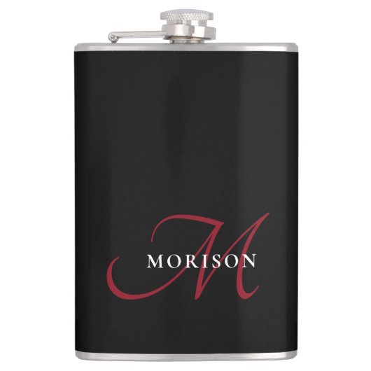 Elegantes, modernes Schwarzes Script Monogram Flachmann (Vorderseite)