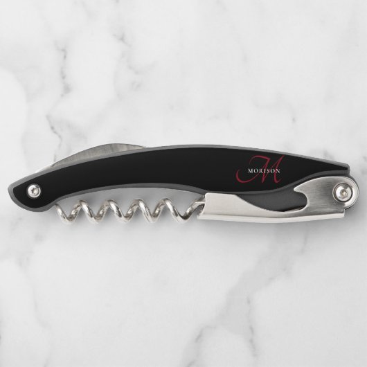Elegantes, modernes Schwarzes Script Monogram Kellnermesser (Rückseite)