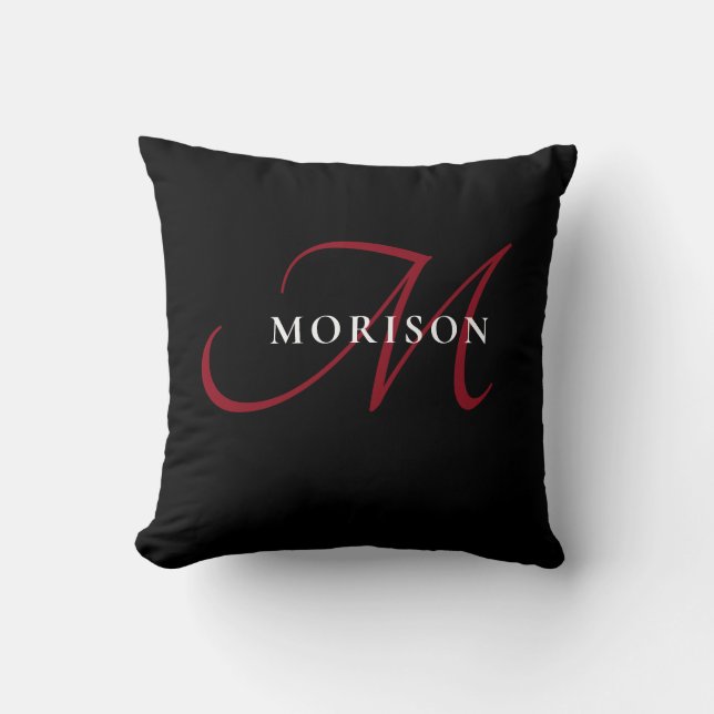 Elegantes, modernes Schwarzes Script Monogram Kissen (Vorderseite)