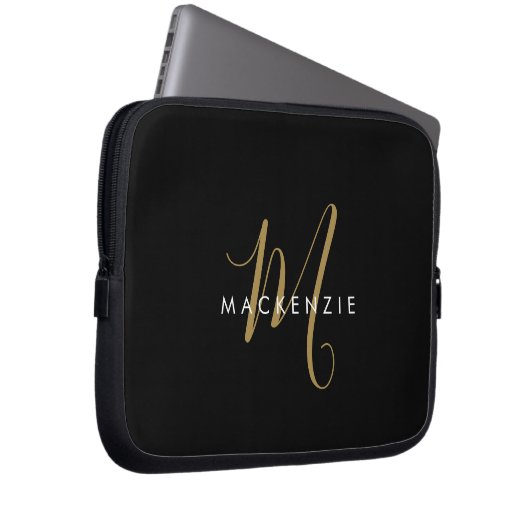 Elegantes, modernes Schwarzes Script Monogram Laptopschutzhülle (Vorne Rechts)