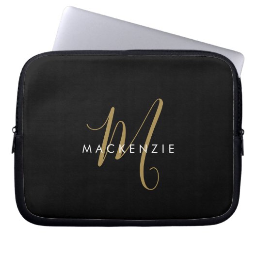 Elegantes, modernes Schwarzes Script Monogram Laptopschutzhülle (Vorderseite)