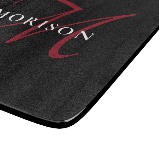 Elegantes, modernes Schwarzes Script Monogram Schneidebrett (Ecke)