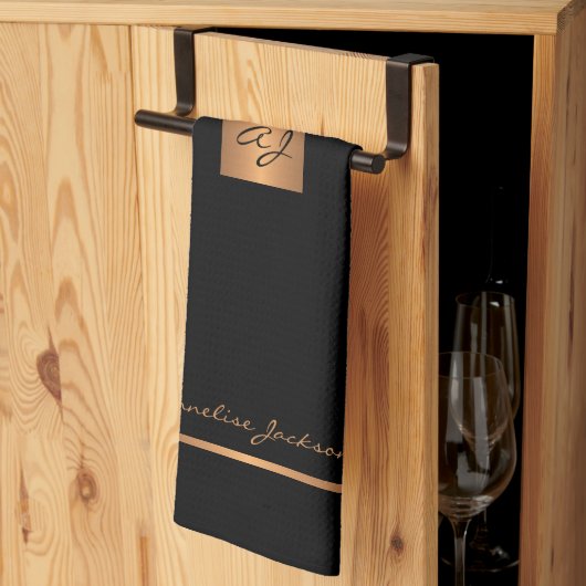 Elegantes modernes Schwarzgold mit Monogramm Geschirrtuch (Drittel gefaltet)