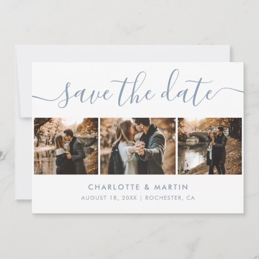 Elegantes, modernes Script Dusty Blue 4 Foto Save The Date (Vorderseite)