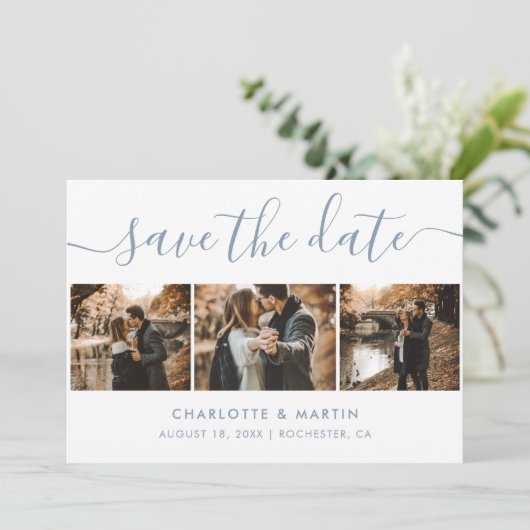 Elegantes, modernes Script Dusty Blue 4 Foto Save The Date (Stehend Vorderseite)