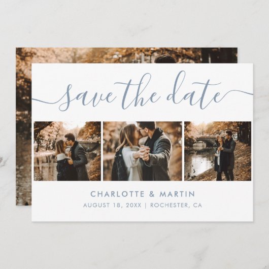 Elegantes, modernes Script Dusty Blue 4 Foto Save The Date (Vorne/Hinten)
