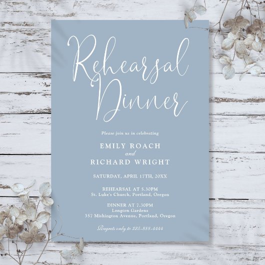 Elegantes, modernes Script Dusty Blue Probe Dinner Einladung