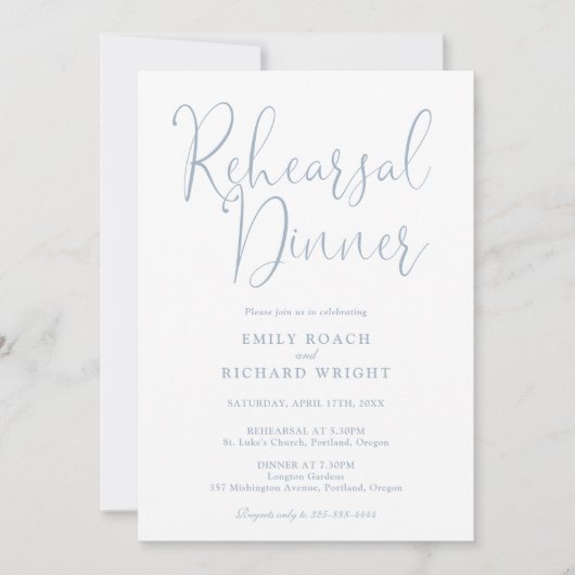 Elegantes, modernes Script Dusty Blue Probe Dinner Einladung (Vorderseite)